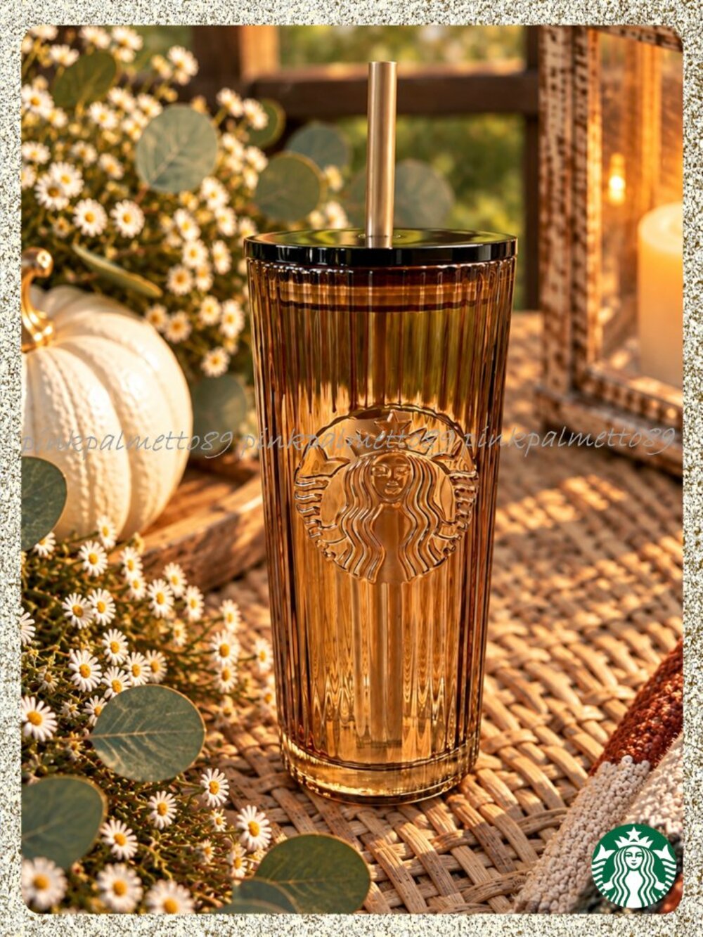 🍂🎃 NWT 2026 Starbucks Fall Brown Pleated 16oz Glass Tumbler w/ Lid & Straw